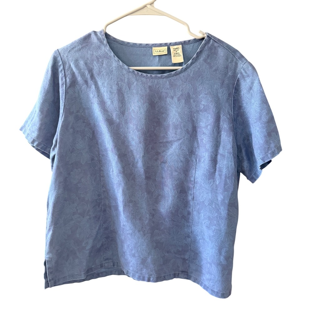 LL Bean Womens Blue 100% Linen Floral Damask Short Sleeve Top Size M Cottage